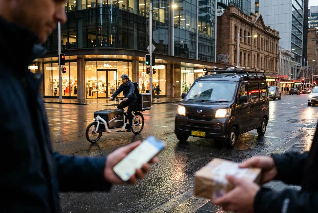 Maximizing Convenience with Nang Sydney's Same-Day Delivery Options 2 Courier bike and van on city street, coordinator with parcel at dusk.