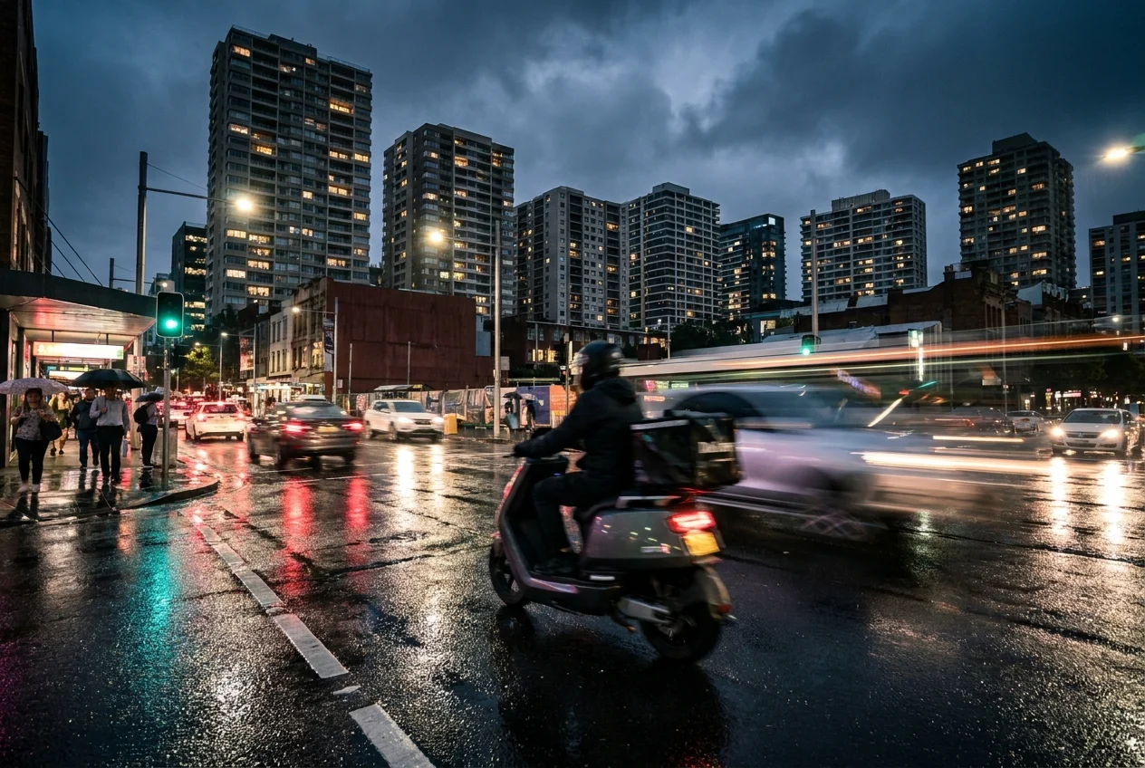 Delivery rider on scooter in vibrant Sydney nightlife scene