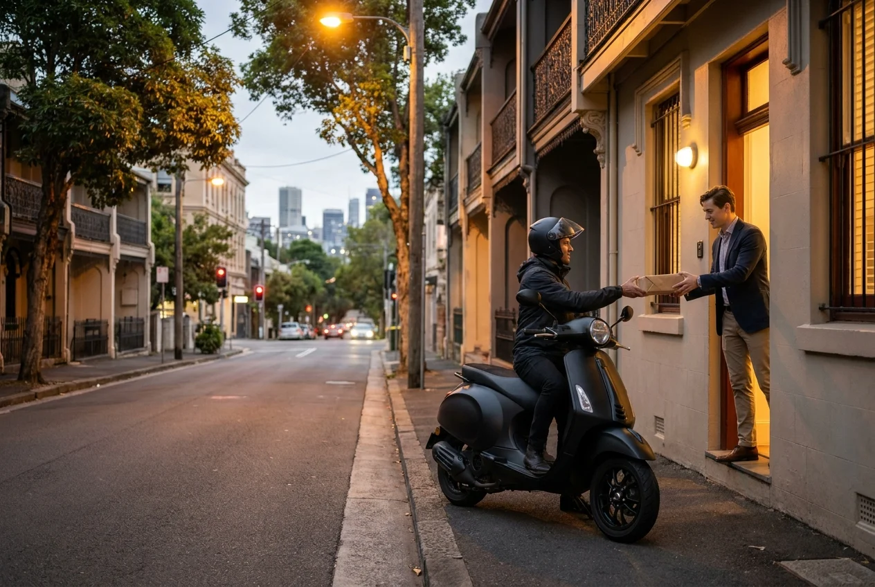 Courier delivering a package on a scooter in Sydney suburb