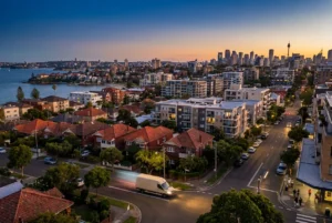 Aerial view of Sydney suburbs at dusk with diverse housing styles