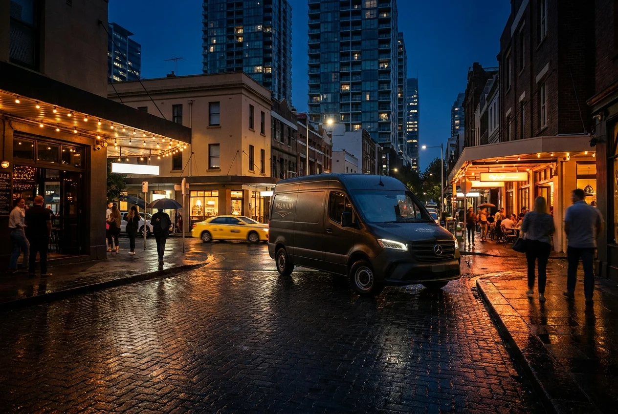 Delivery van parked on lively Sydney street at night, supporting nightlife economy