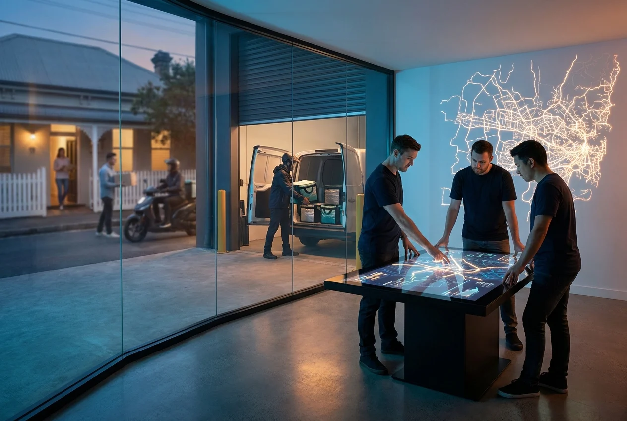 Courier plans route with glowing map lights, delivers to customer.