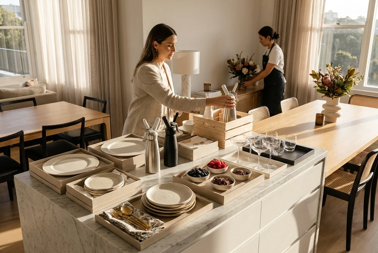 Sydney kitchen-lounge with cream chargers, dispensers, and party supplies arranged.