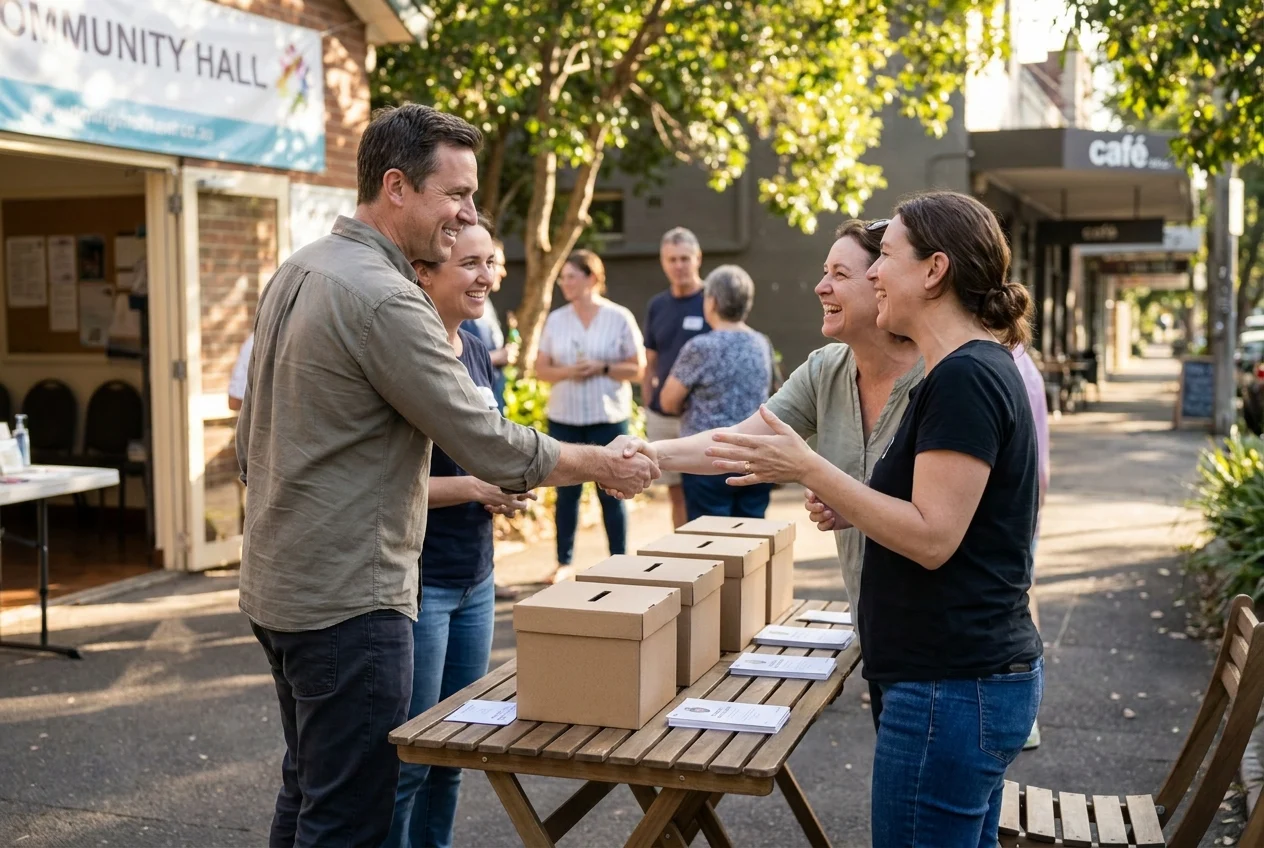 Local SEO Insights: Boosting Visibility for Nang Delivery in Sydney 2 Business owner engaging with community at Sydney neighborhood event table