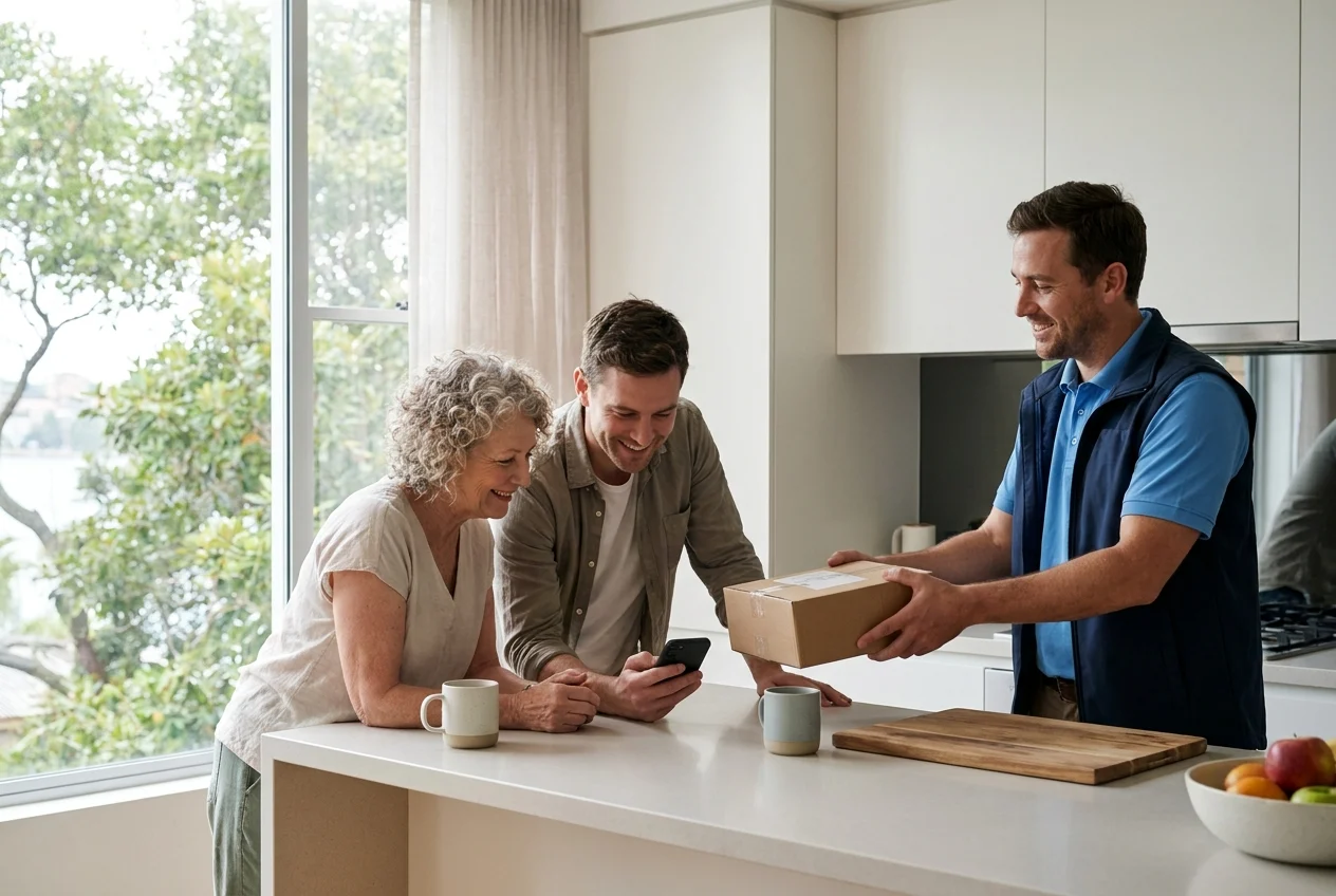 Maximizing Convenience with Nang Sydney's Same-Day Delivery Options 1 Customers in Sydney apartment receiving package from courier, checking phone.