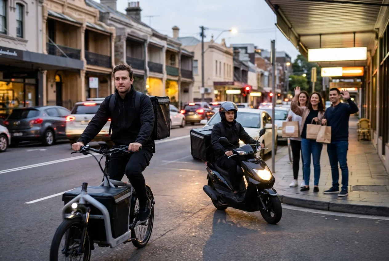 How Local Expertise Enhances Your Nang Delivery Experience in Sydney 1 Electric bike courier delivering in lively Sydney street with satisfied customers.
