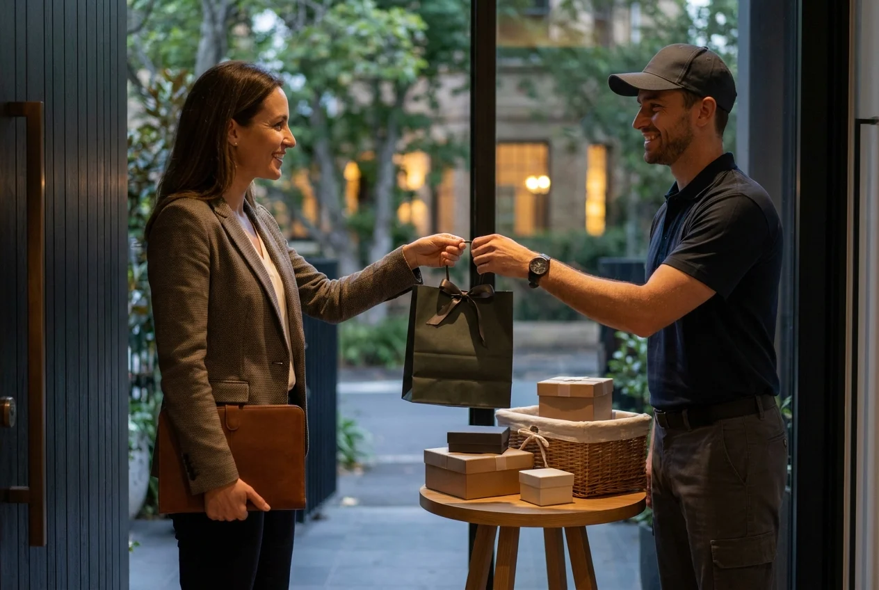 How Nangs Sydney Enhances Nightlife with Fast Delivery Options 2 Customer receiving delivery from courier at elegant Sydney doorway