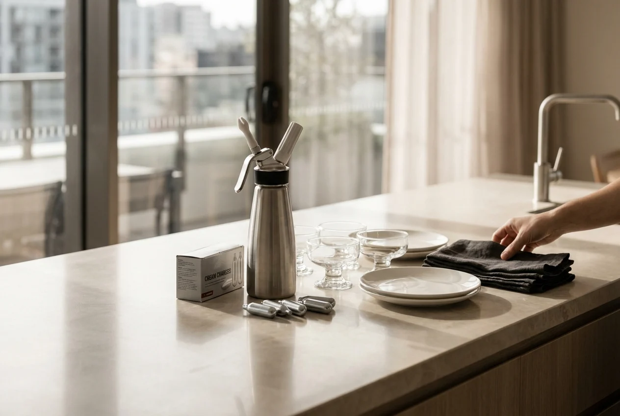 Elegant home setup with cream dispenser, chargers, and dessert plates.