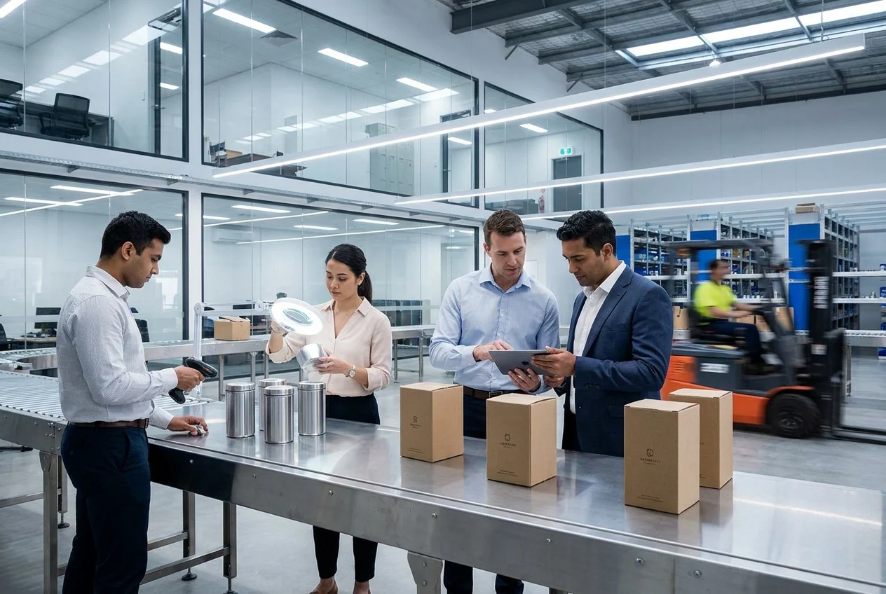 Why Choose Local Nangs Delivery for Your Sydney Events 1 Team inspects cream chargers in modern Sydney logistics workspace.