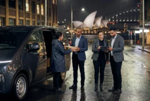 Team coordinating a delivery in nighttime urban Sydney setting
