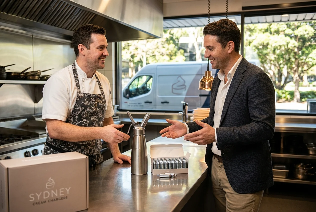 Chef and delivery specialist discussing cream chargers in a kitchen