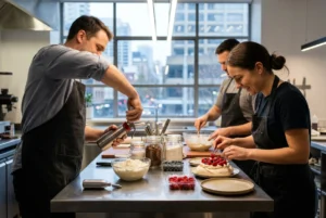 Adults preparing desserts in a modern Sydney café kitchen