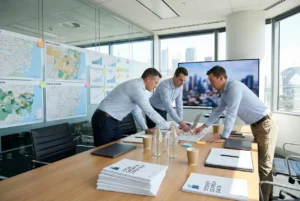 Marketing team strategizing with maps and charts in modern office