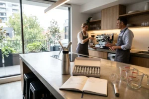 Modern kitchen scene with cream siphon and chargers on counter