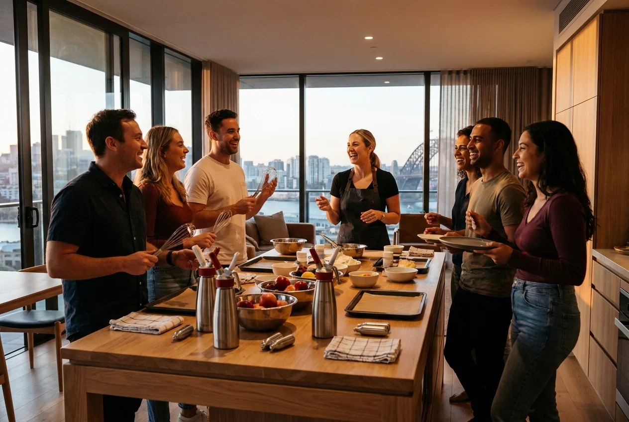 Friends and host preparing for a celebration in a modern apartment