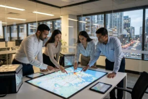 Sydney delivery team planning routes in a modern logistics workspace