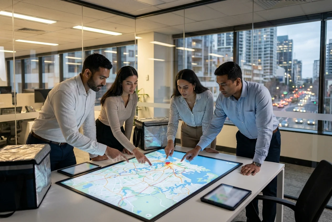 Sydney delivery team planning routes in a modern logistics workspace