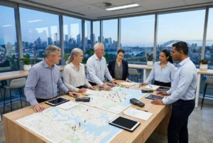 Diverse team planning logistics in modern Sydney office with city view