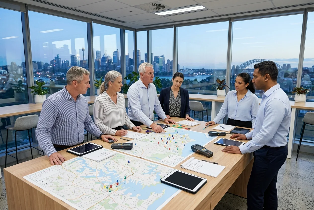 Diverse team planning logistics in modern Sydney office with city view