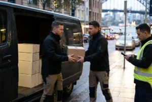 Delivery team collaborating beside a van in urban Sydney at dusk