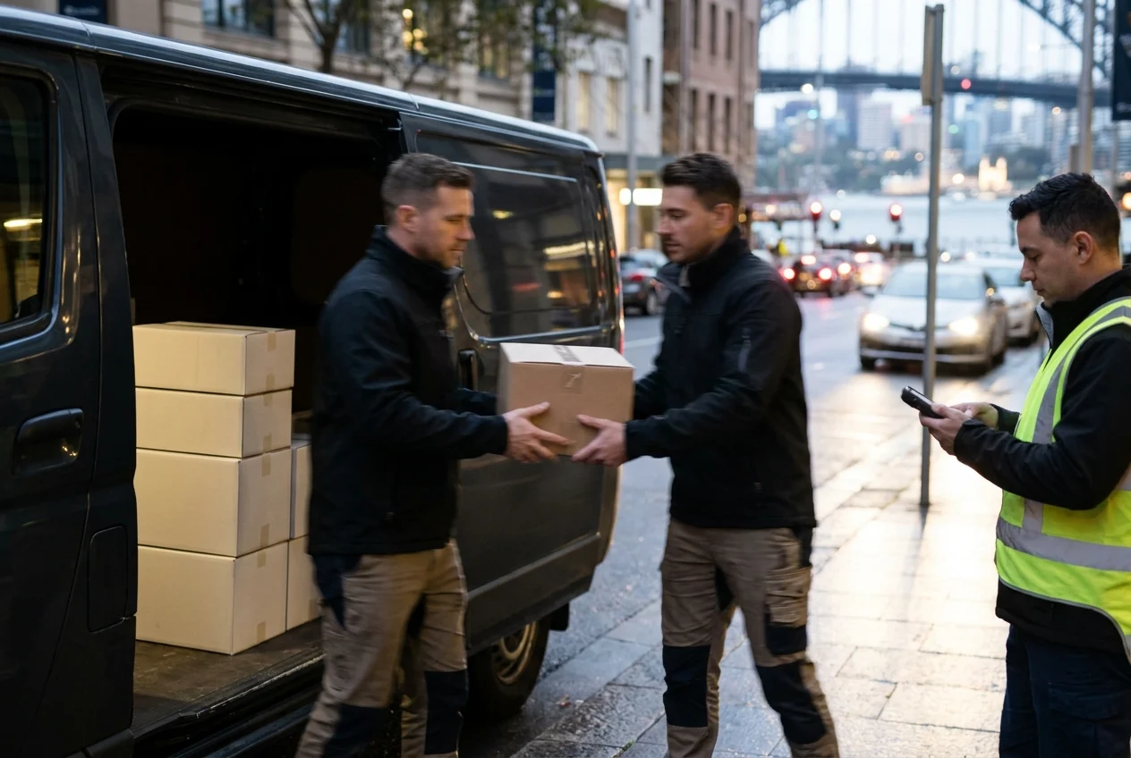 Delivery team collaborating beside a van in urban Sydney at dusk