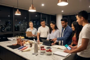 Friends planning a party in a stylish Sydney apartment
