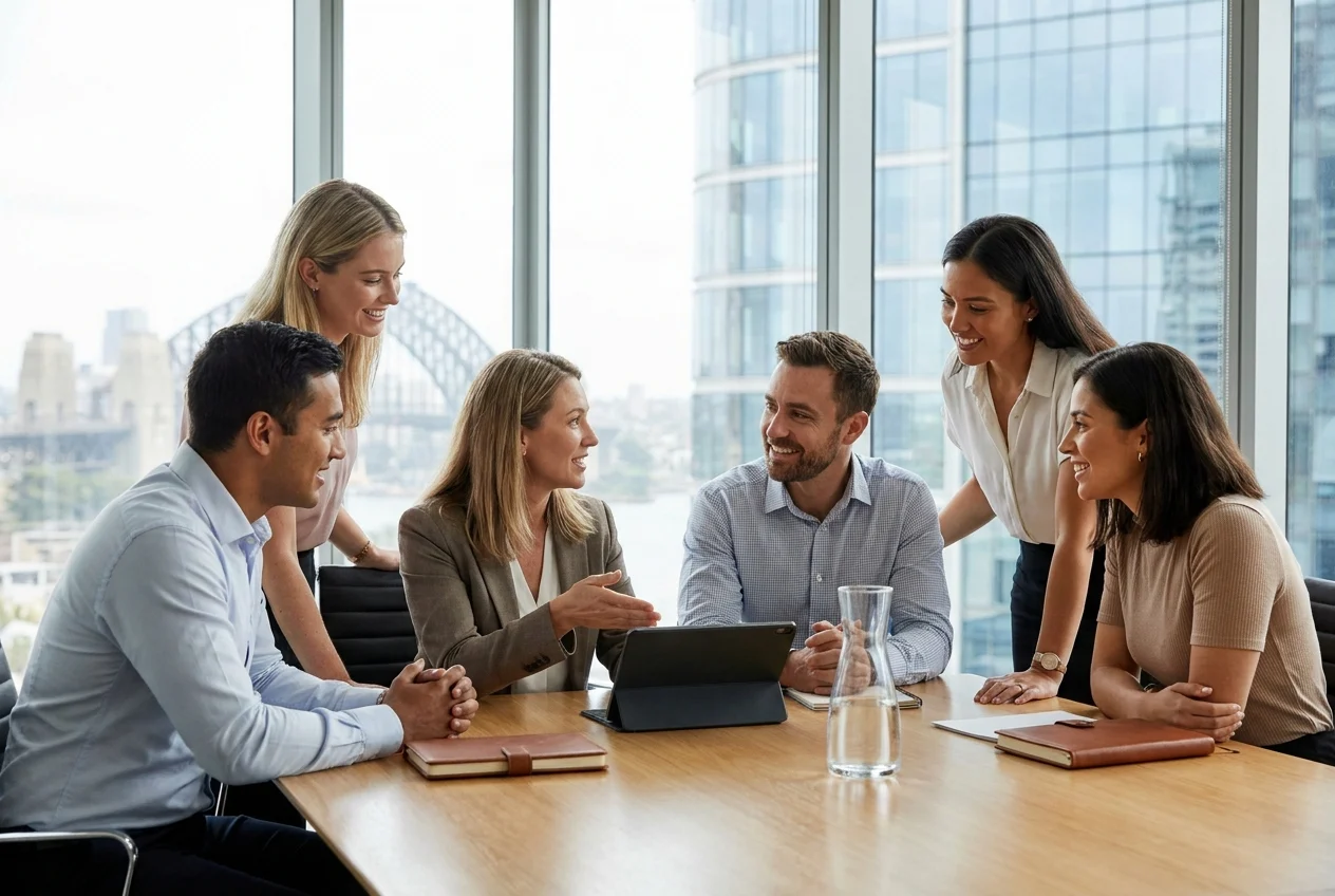 Diverse professionals collaborating in a modern Sydney office setting