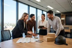 Diverse professionals collaborating on a delivery plan in an urban office