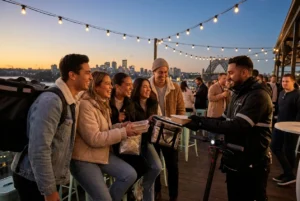 Friends and delivery rider on a stylish rooftop at dusk