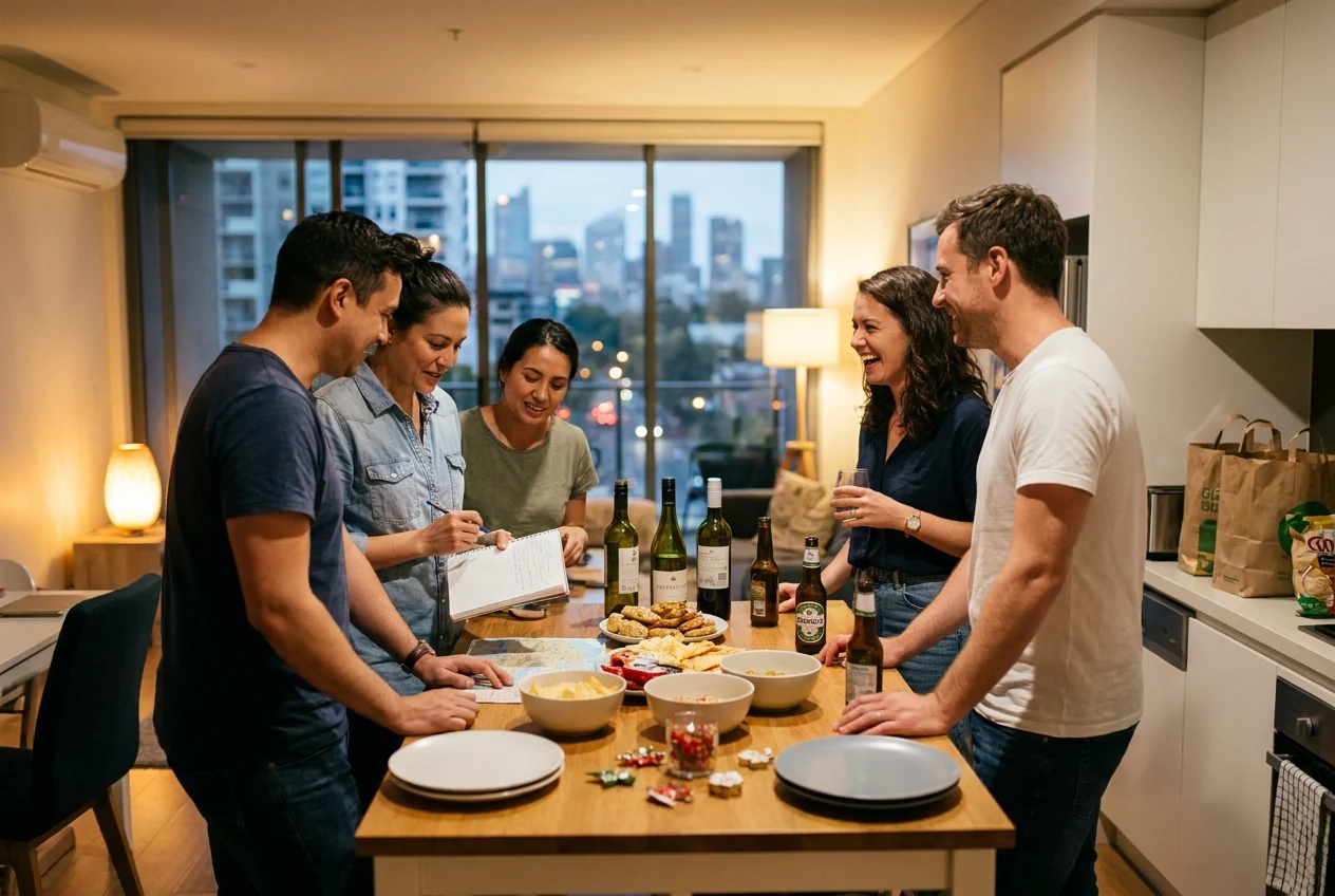 How Nangs Sydney Enhances Nightlife with Fast Delivery Options 1 Group planning night out around kitchen island in Sydney apartment