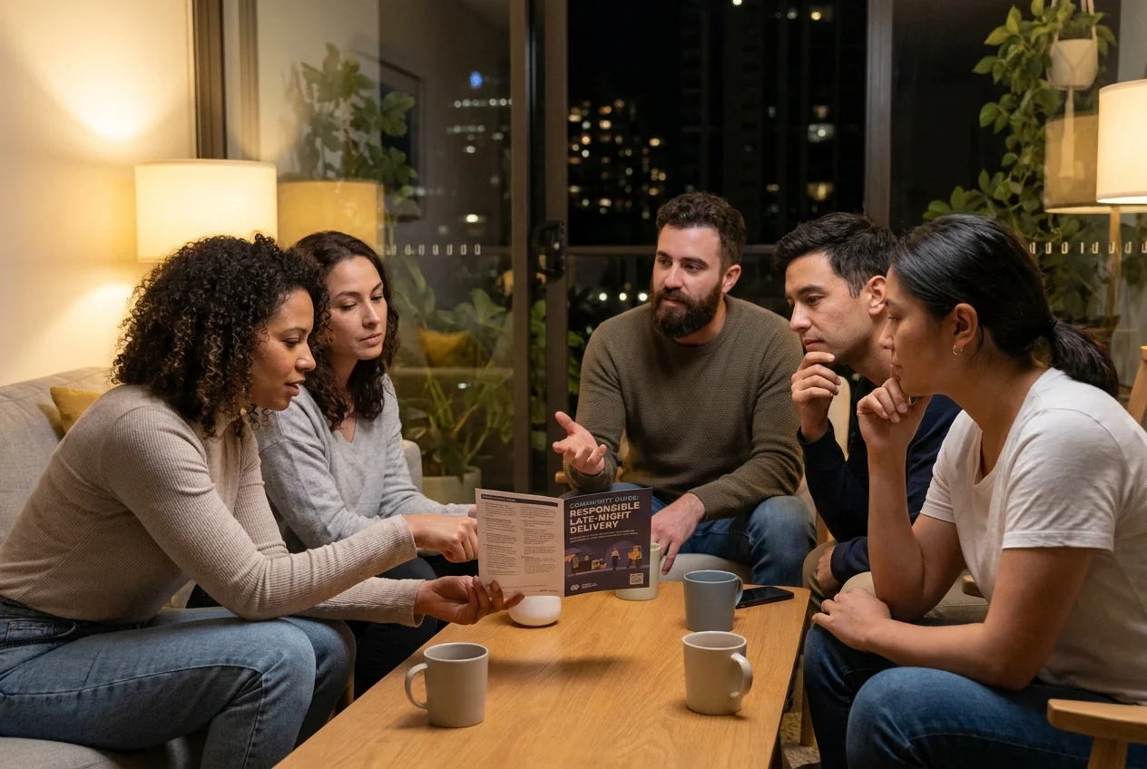 Group discussing responsible late-night delivery in cozy Sydney apartment setting