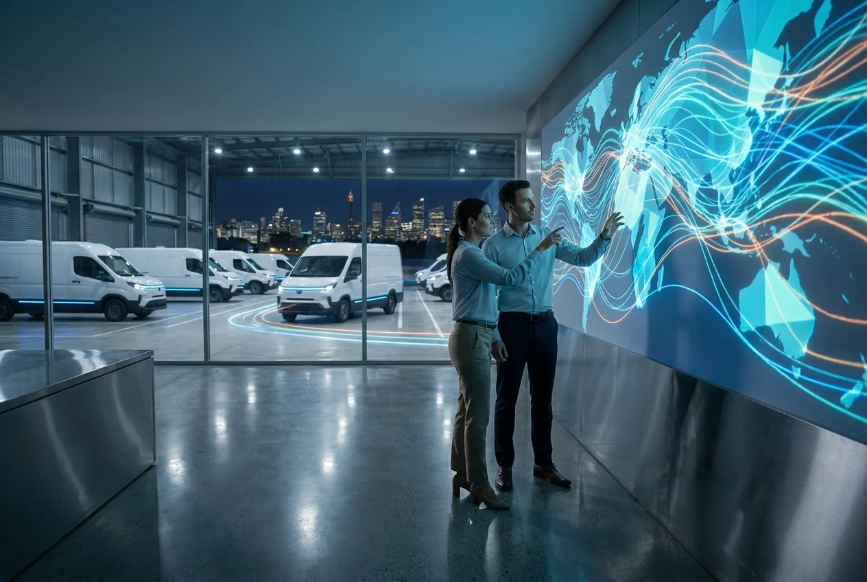 Navigating Sydney's Suburbs for Optimal 24/7 Nang Delivery 2 Logistics hub with data wall and delivery vehicles at night.