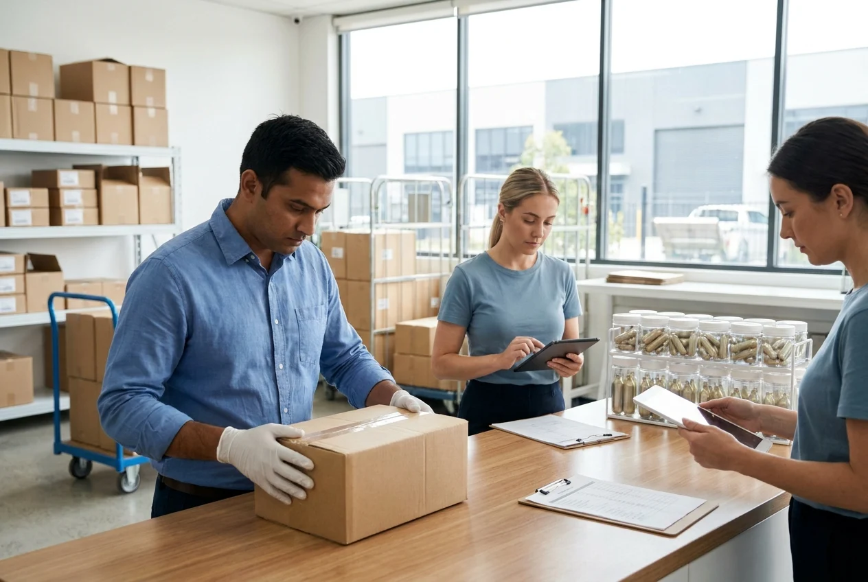 Staff checks parcels in a clean delivery workspace with cream chargers.