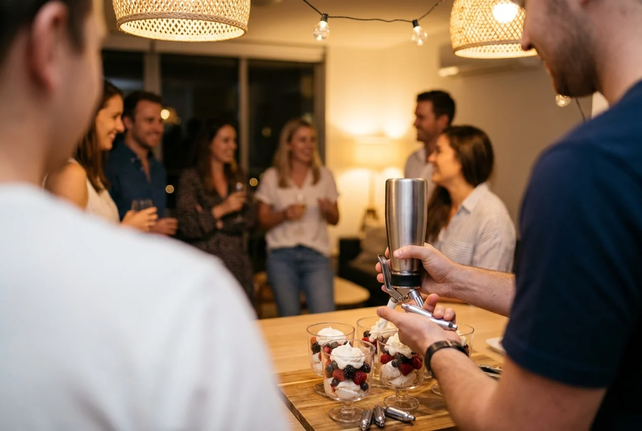 Person preparing dessert with cream charger at Sydney celebration.