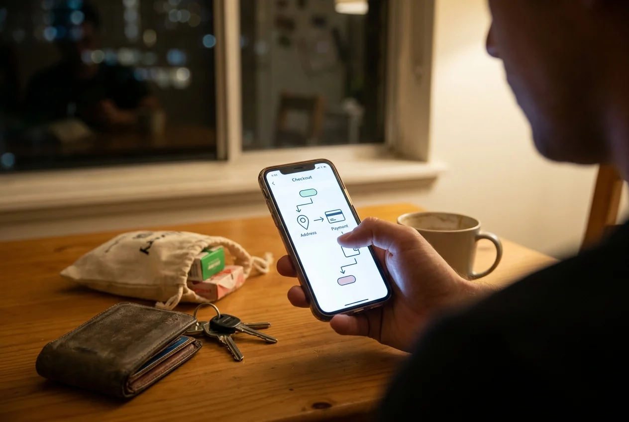 Person using phone for online ordering in a Sydney apartment.