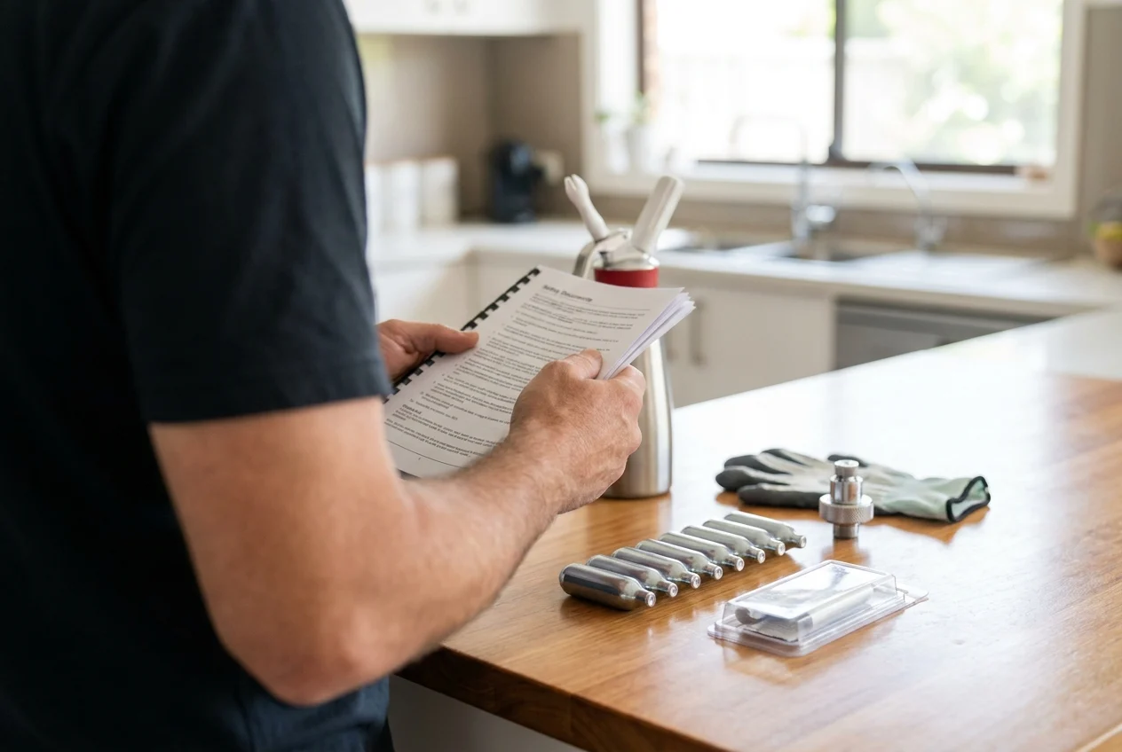 Discovering the Convenience of 24/7 Nang Services in Sydney 1 Adult reviewing cream charger guidelines in a modern Sydney kitchen