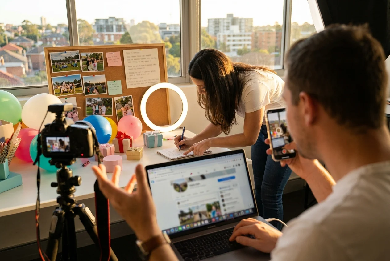 Local SEO Insights: Boosting Visibility for Nang Delivery in Sydney 1 Content creator composing posts in Sydney studio with video ideas nearby
