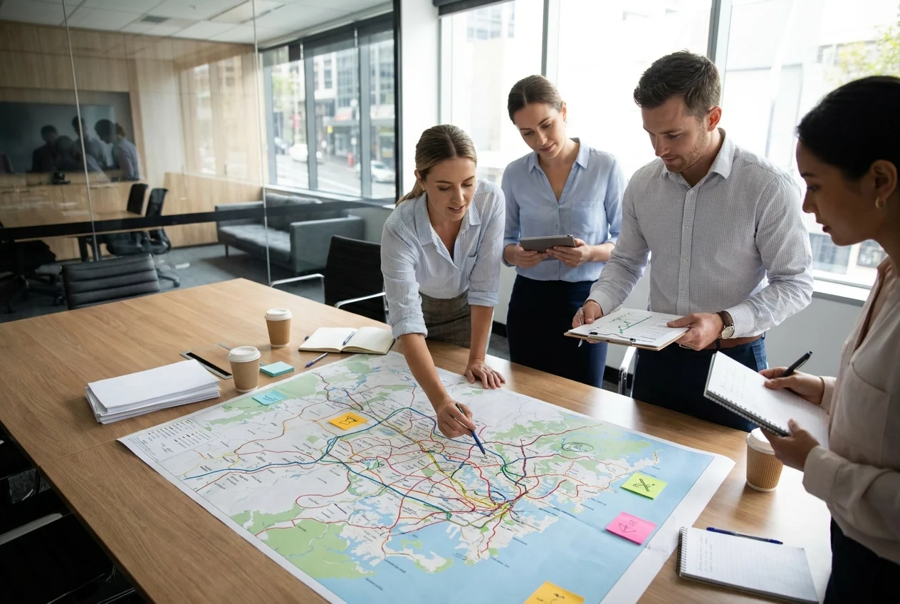 Navigating Sydney's Suburbs for Optimal 24/7 Nang Delivery 1 Team analyzing Sydney map for efficient nang delivery routes.