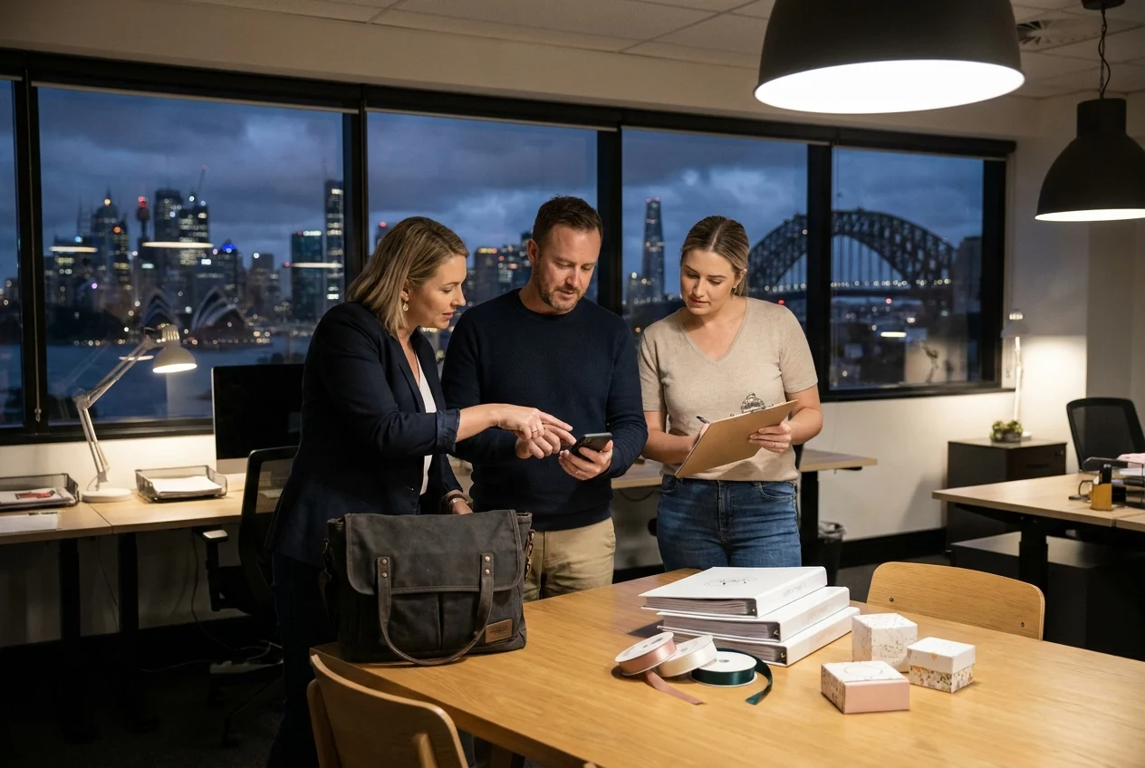 Why Choose Local Nangs Delivery for Your Sydney Events 2 Adults discuss event delivery schedule with supplies and phone.