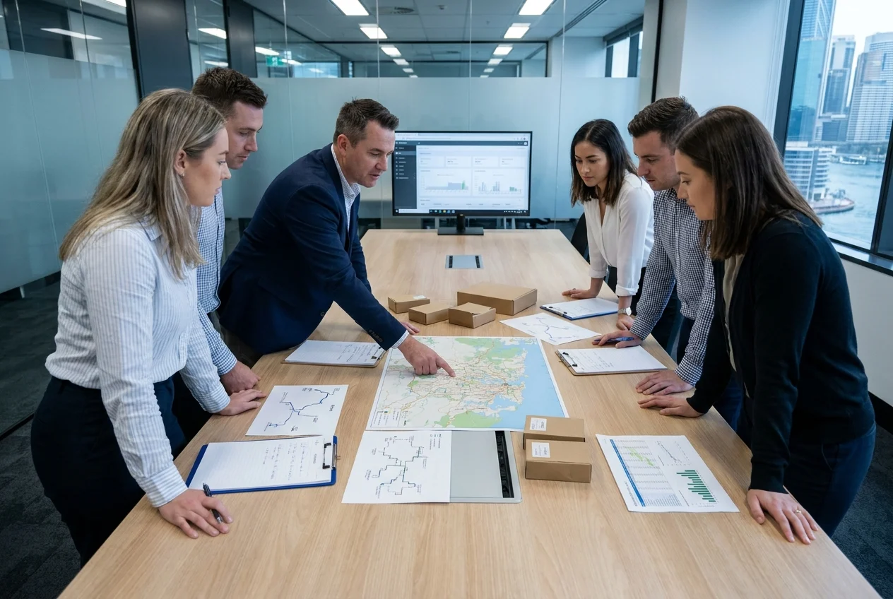Sydney’s Best-Kept Secret: Fast and Reliable Nang Services Anytime 2 Staff reviewing delivery routes and logistics in modern office setting