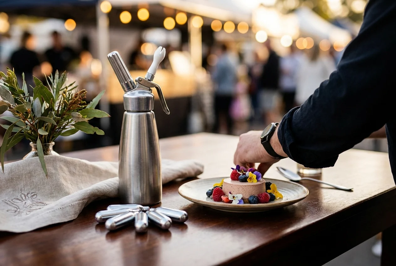 Discovering the Convenience of 24/7 Nang Services in Sydney 2 Premium cream chargers and dessert at a Sydney food festival