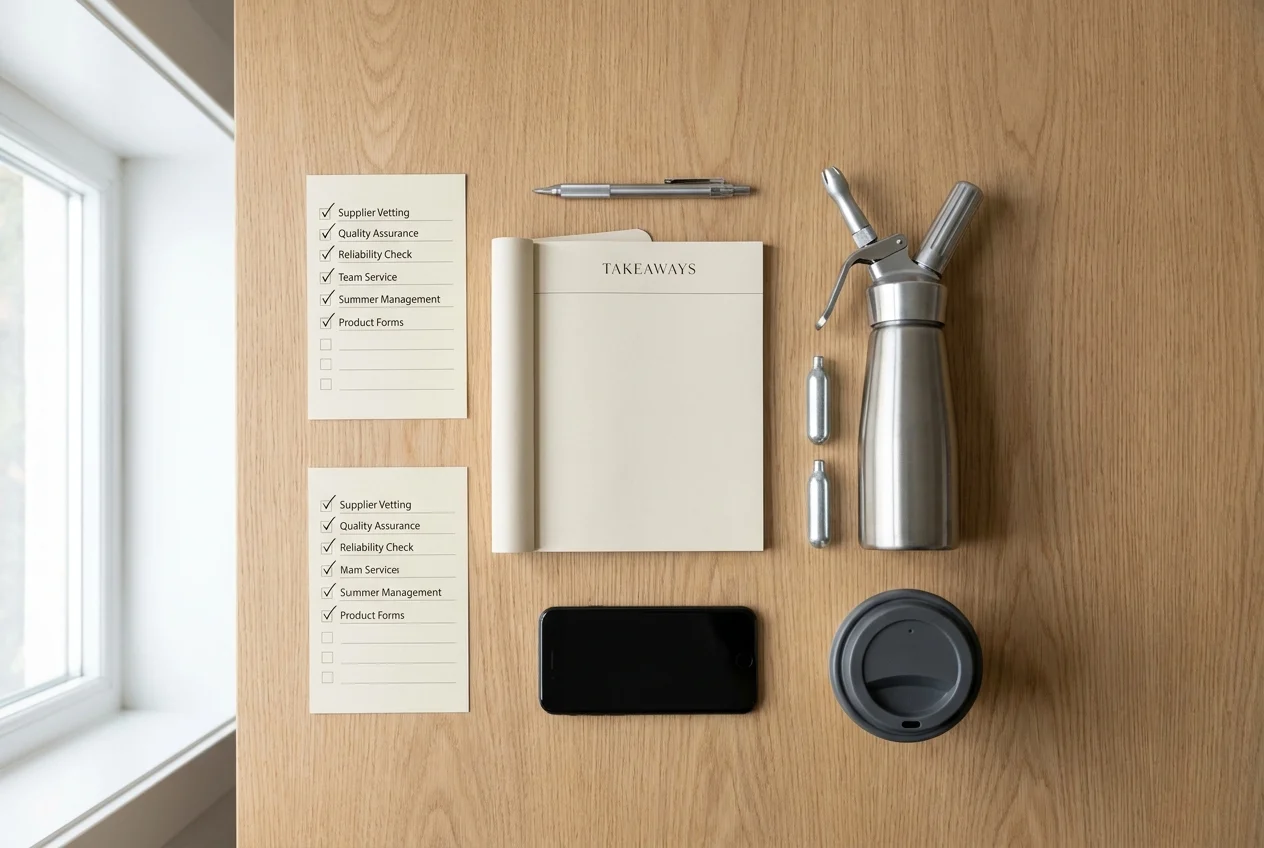 Organized desk with notepad, cream chargers, and takeaway coffee cup.