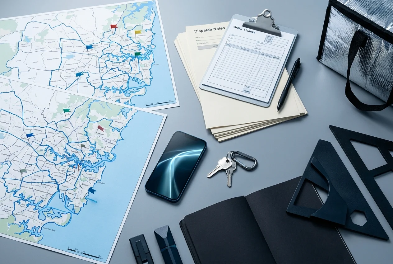 Organized delivery planning workspace with maps, phone, and logistics tools.