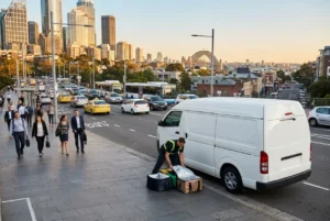 Courier prepares insulated parcels beside a delivery van in busy Sydney traffic
