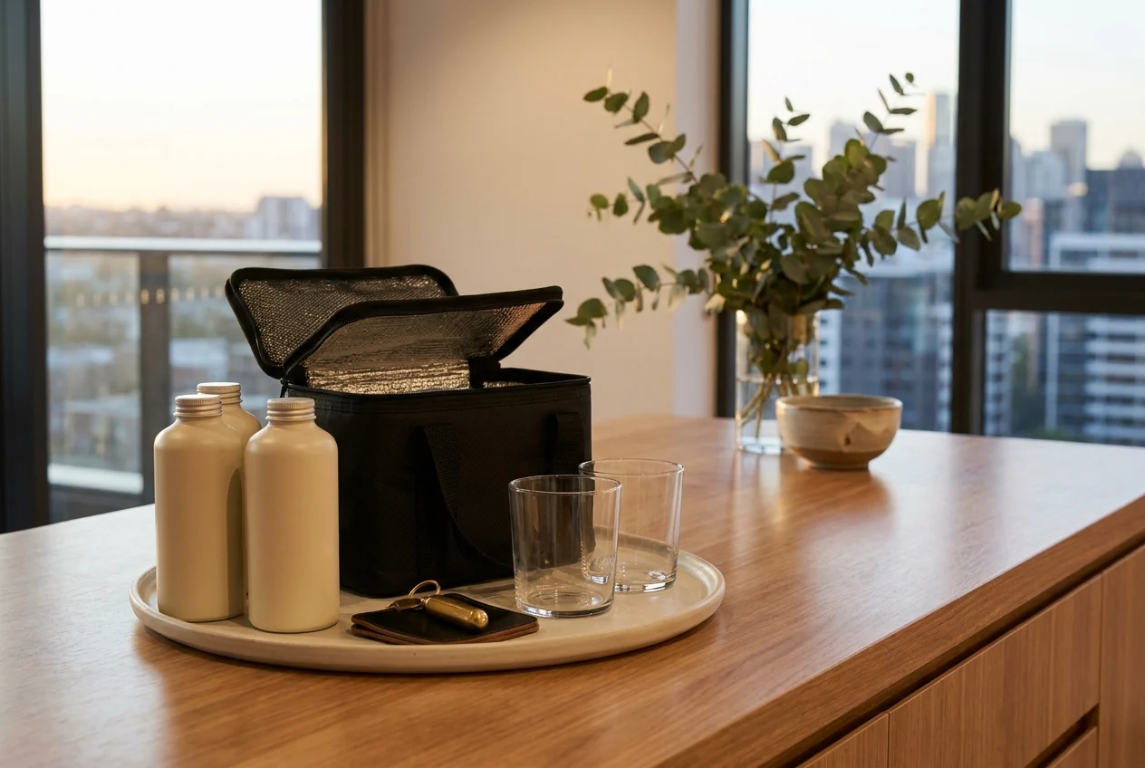 Navigating Sydney's Nightlife with Late Night Nang Delivery 2 Cream chargers and delivery bag on stylish Sydney apartment counter