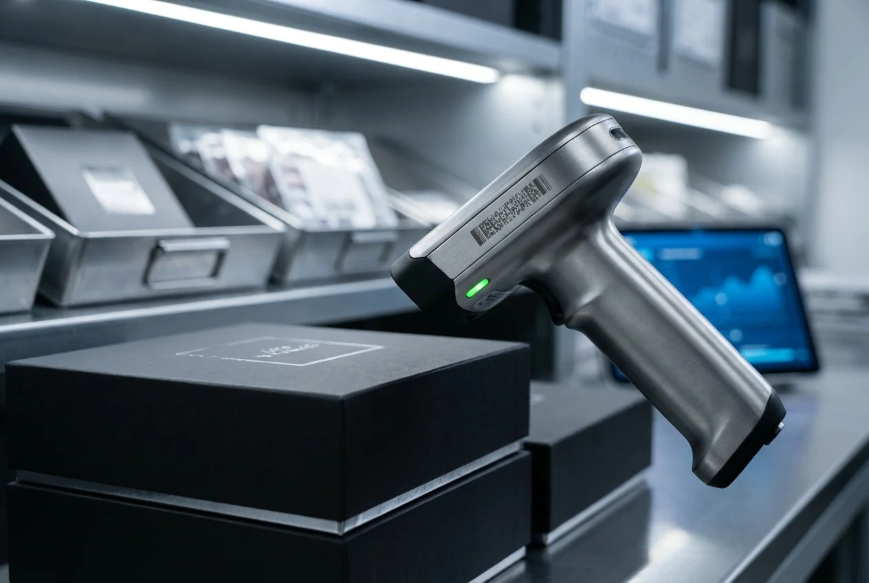 Close-up of inventory setup with scanner and packaging trays