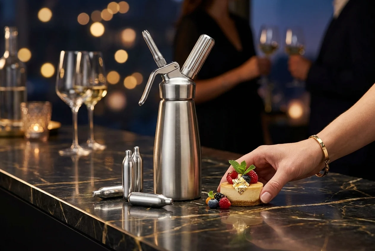 The Ultimate Guide to 24/7 Cream Charger Delivery in Sydney 2 Close-up of cream chargers and dispenser on marble countertop with dessert