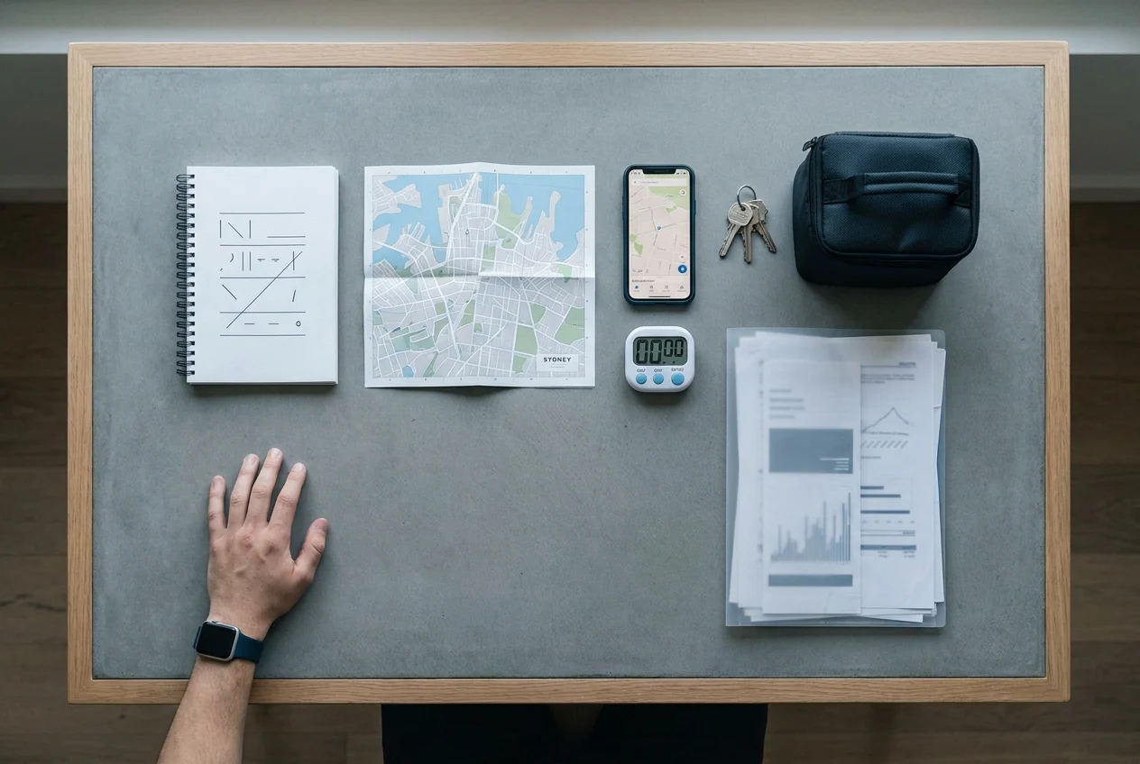 Organized delivery planner's workspace with map, phone, and delivery bag