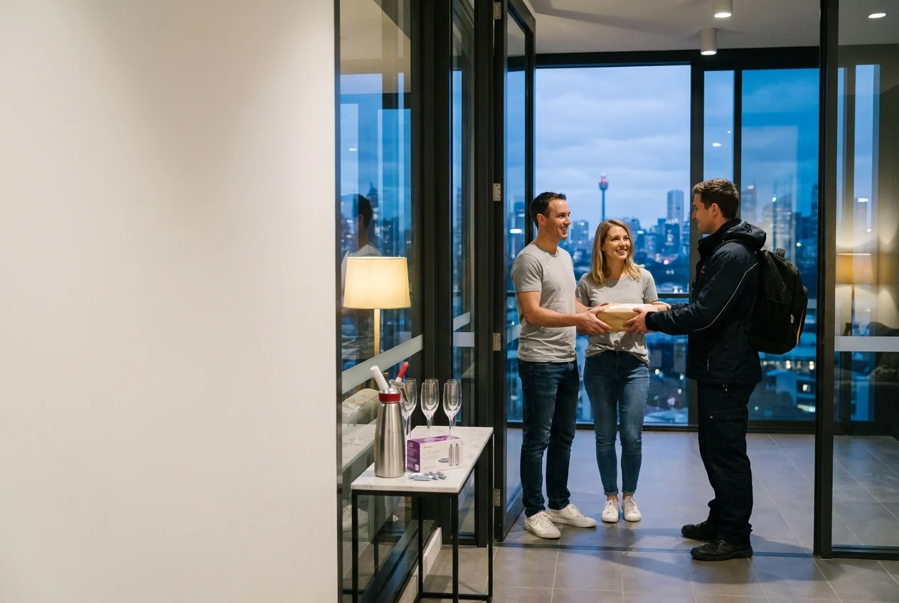 Courier delivering package in modern Sydney apartment lobby at night