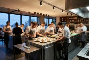 Chefs collaborating in a modern open kitchen with plated dishes